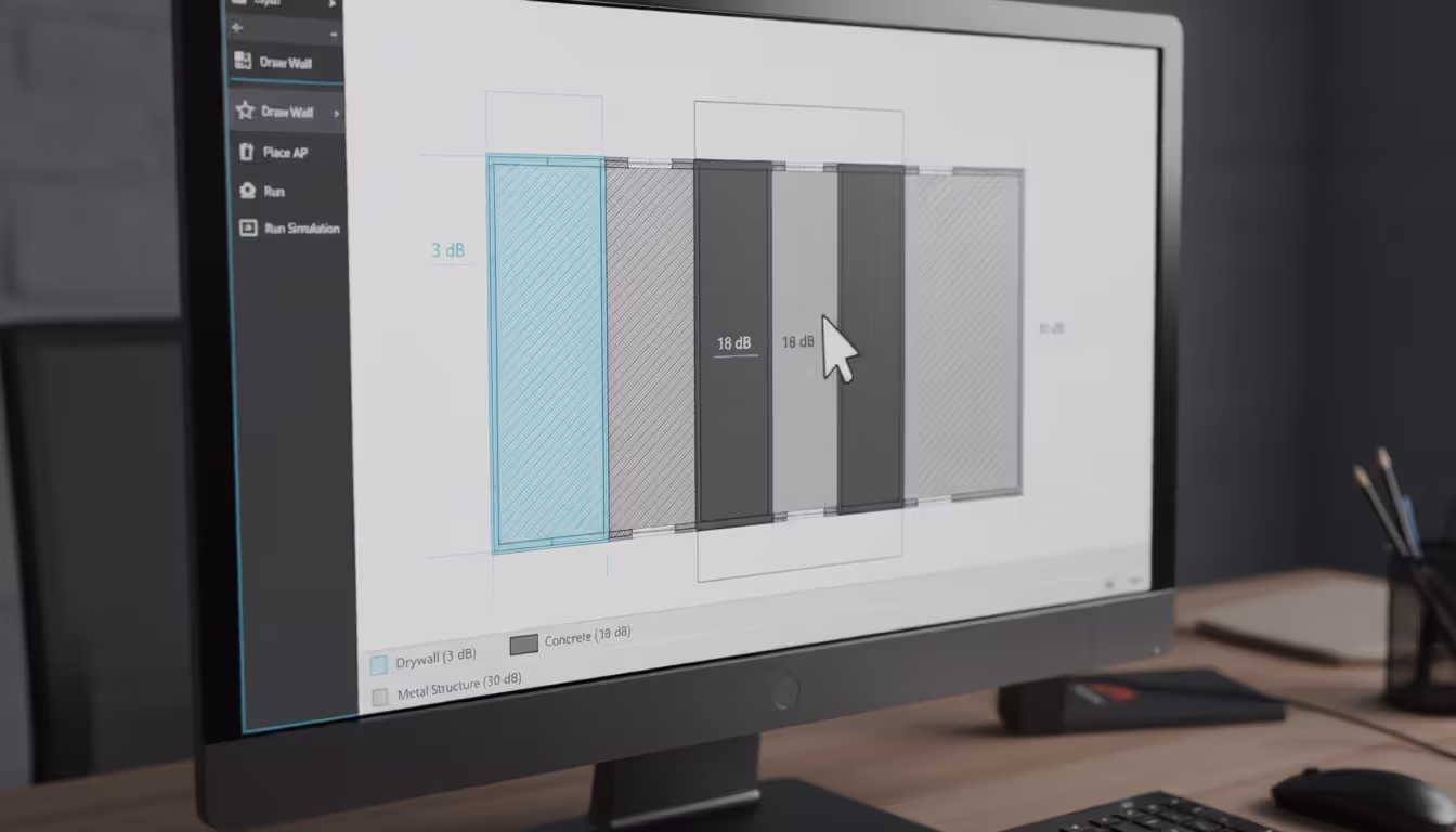 Computer screen displaying a wireless network planning software with a building floor plan showing different wall types color-coded with RF attenuation values in decibels