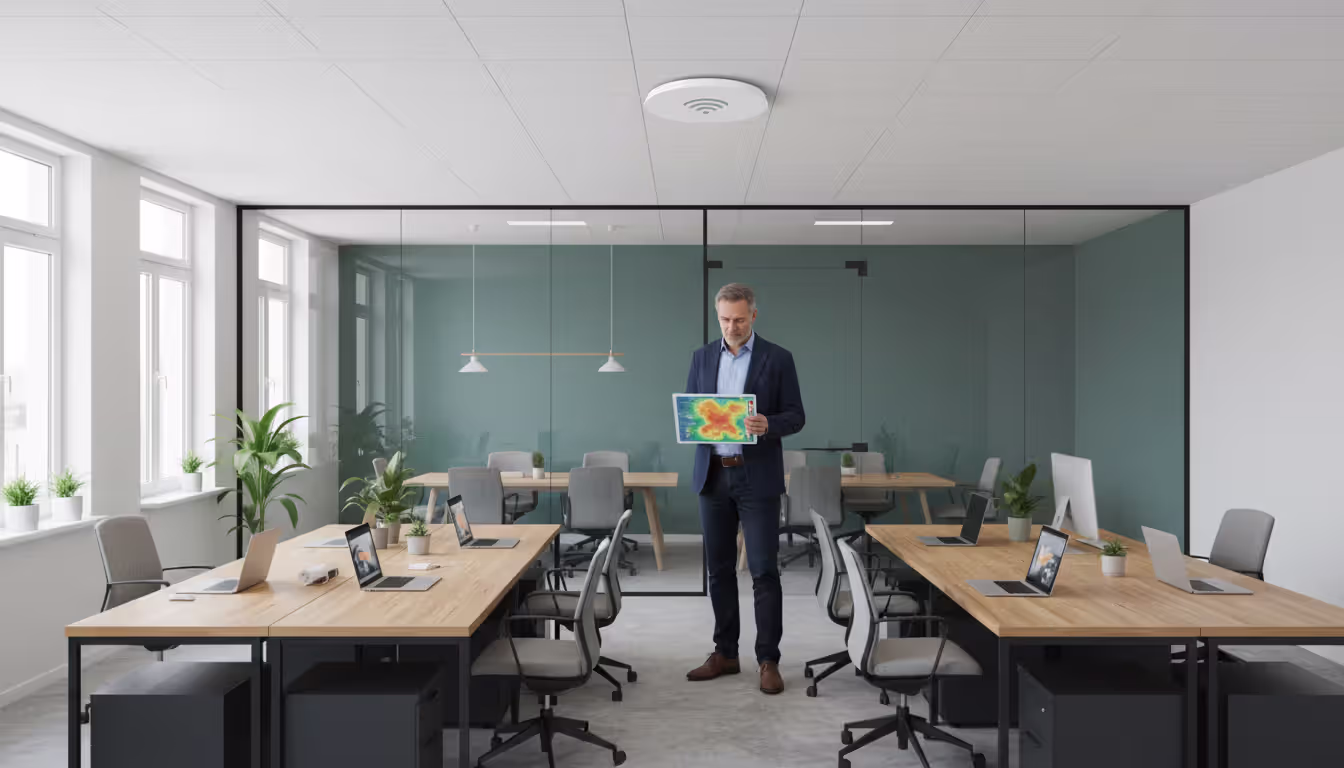 Small business owner in a modest office looking at a tablet displaying a Wi-Fi heat map of the workspace with a ceiling-mounted access point visible above
