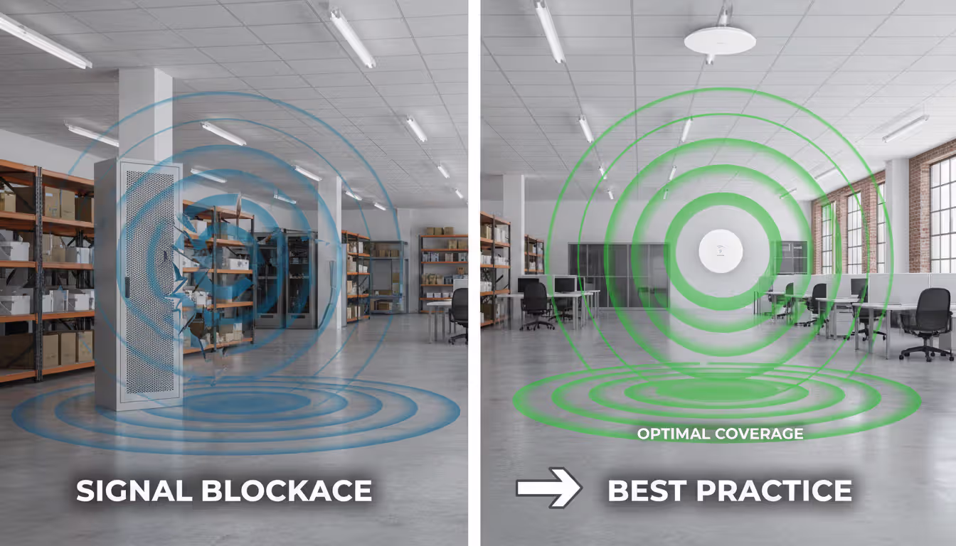 Split comparison showing wrong AP placement inside a metal cabinet with blocked signal waves versus correct ceiling-mounted AP in open space with strong concentric signal waves radiating outward