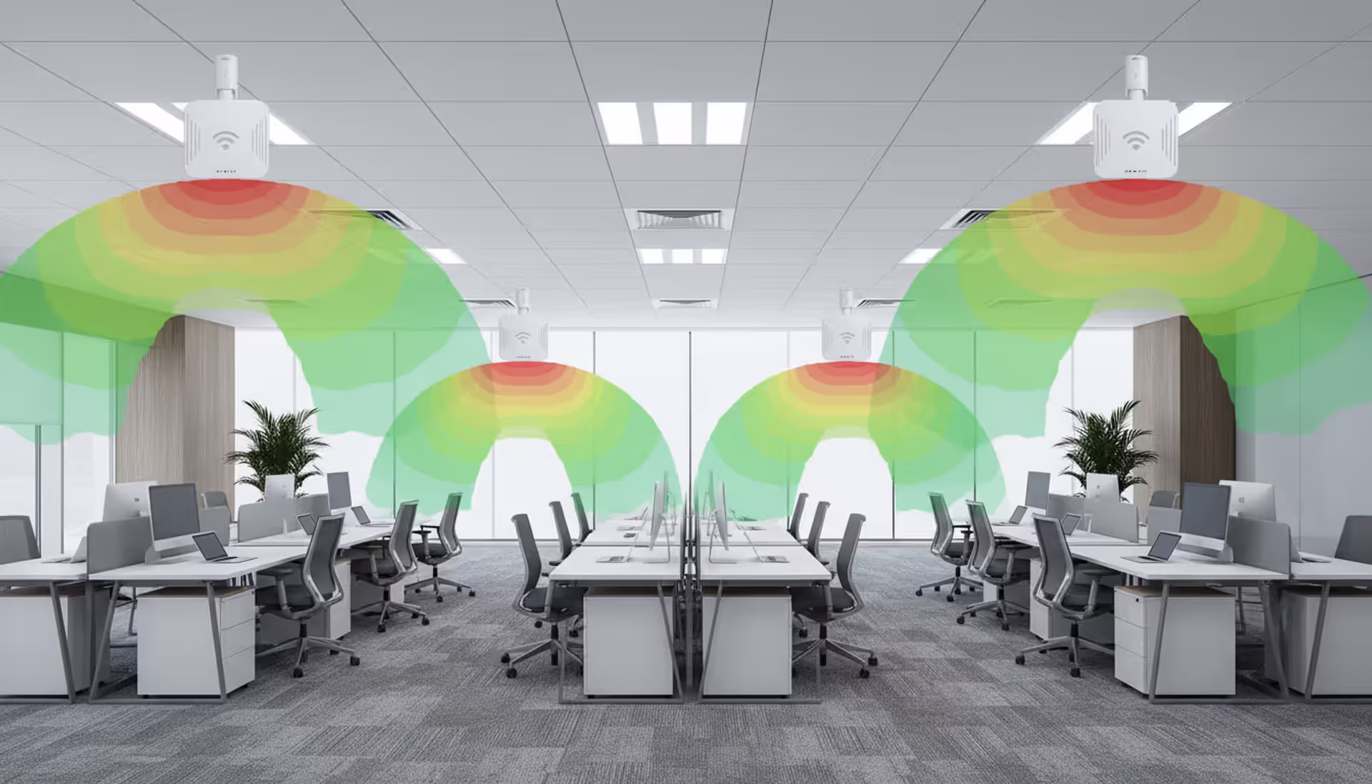 Office space with ceiling-mounted Wi-Fi access points and a colorful semi-transparent RF heat map overlay showing wireless signal coverage zones