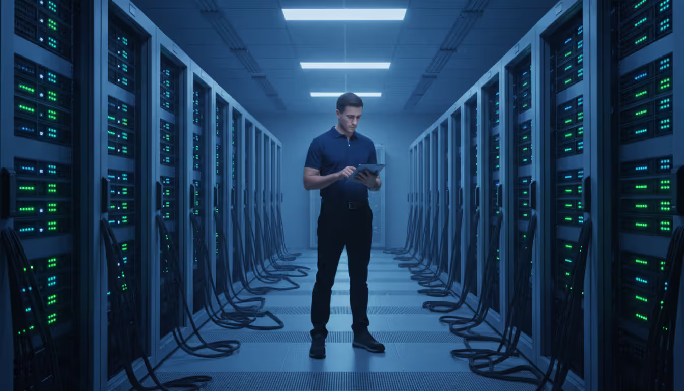 IT specialist with tablet inspecting server racks with blinking LED indicators in modern data center room with blue lighting and organized cables