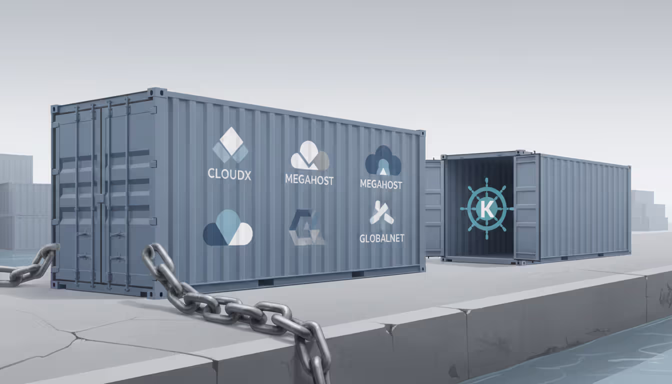 Conceptual illustration of vendor lock-in showing a chained shipping container versus an unchained open container with Kubernetes helm symbol representing portability