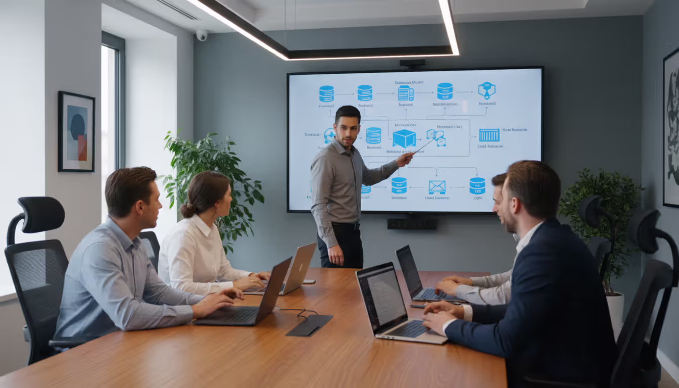 IT team planning cloud migration strategy in modern office with large screen showing cloud infrastructure architecture diagram