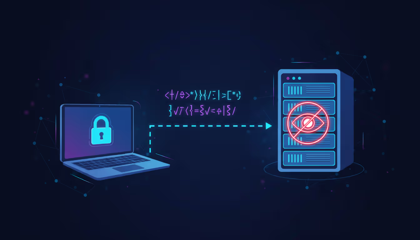 Diagram showing zero-knowledge encryption concept with a locked laptop sending encrypted data to a server rack marked with a crossed-out eye icon, dark blue color scheme with neon accents