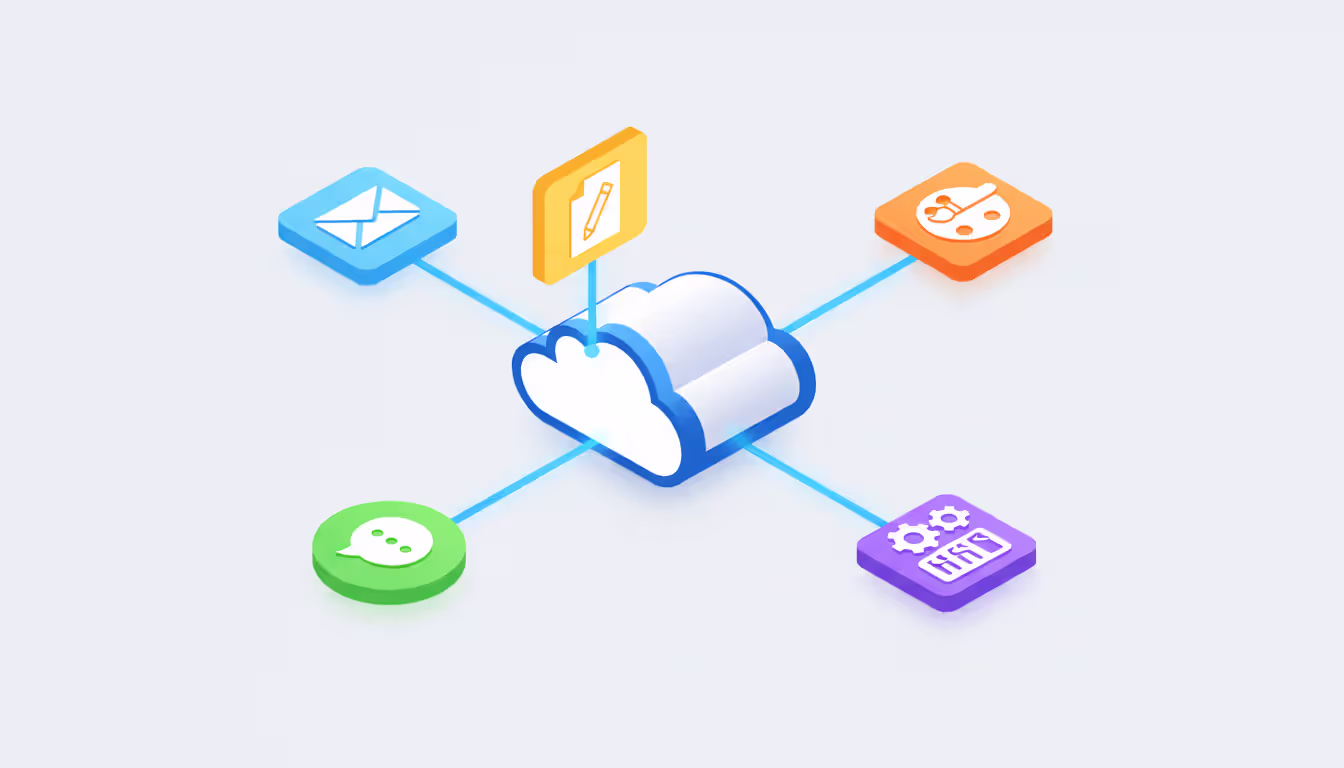 Isometric illustration of cloud storage icon in the center connected by lines to various app icons including email, messenger, documents, design tools, and project management on a light background