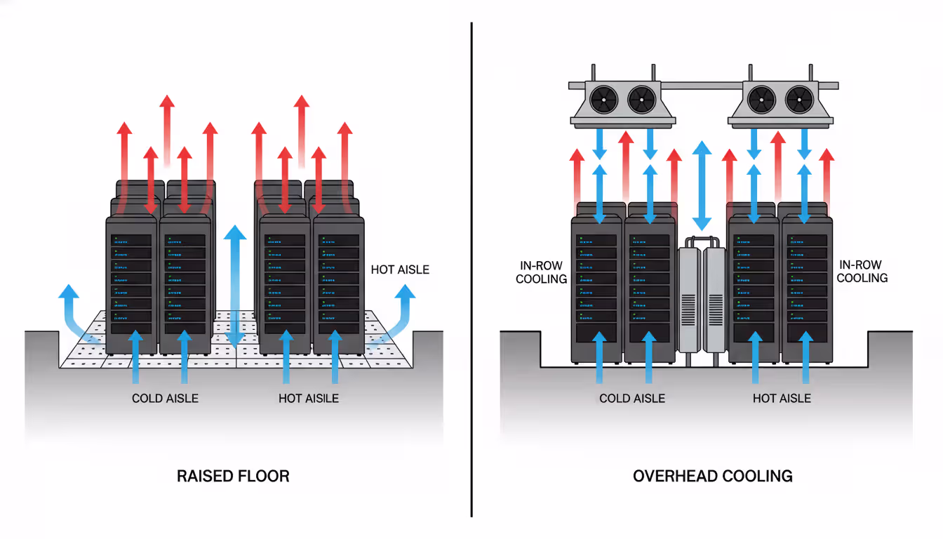 Cross-section diagram comparing raised floor and overhead cooling configurations in a data center with hot aisle and cold aisle airflow patterns