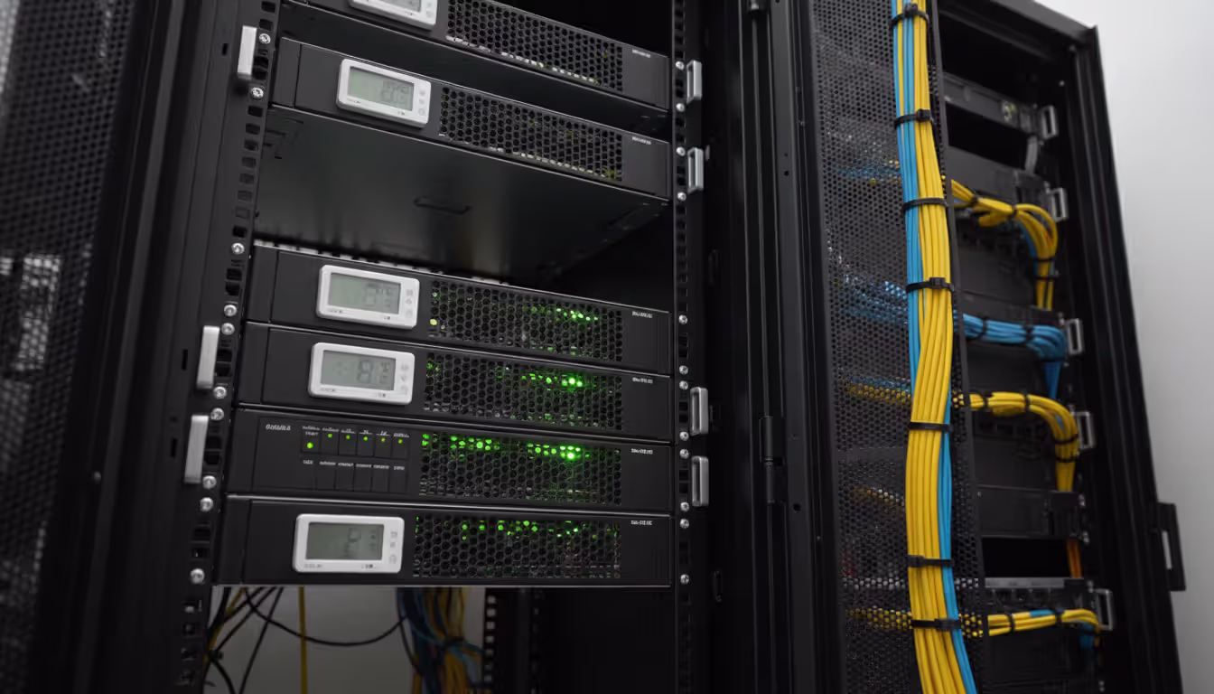 Front view of an open server rack with temperature and humidity sensors mounted at different heights showing green LED indicators and organized cables