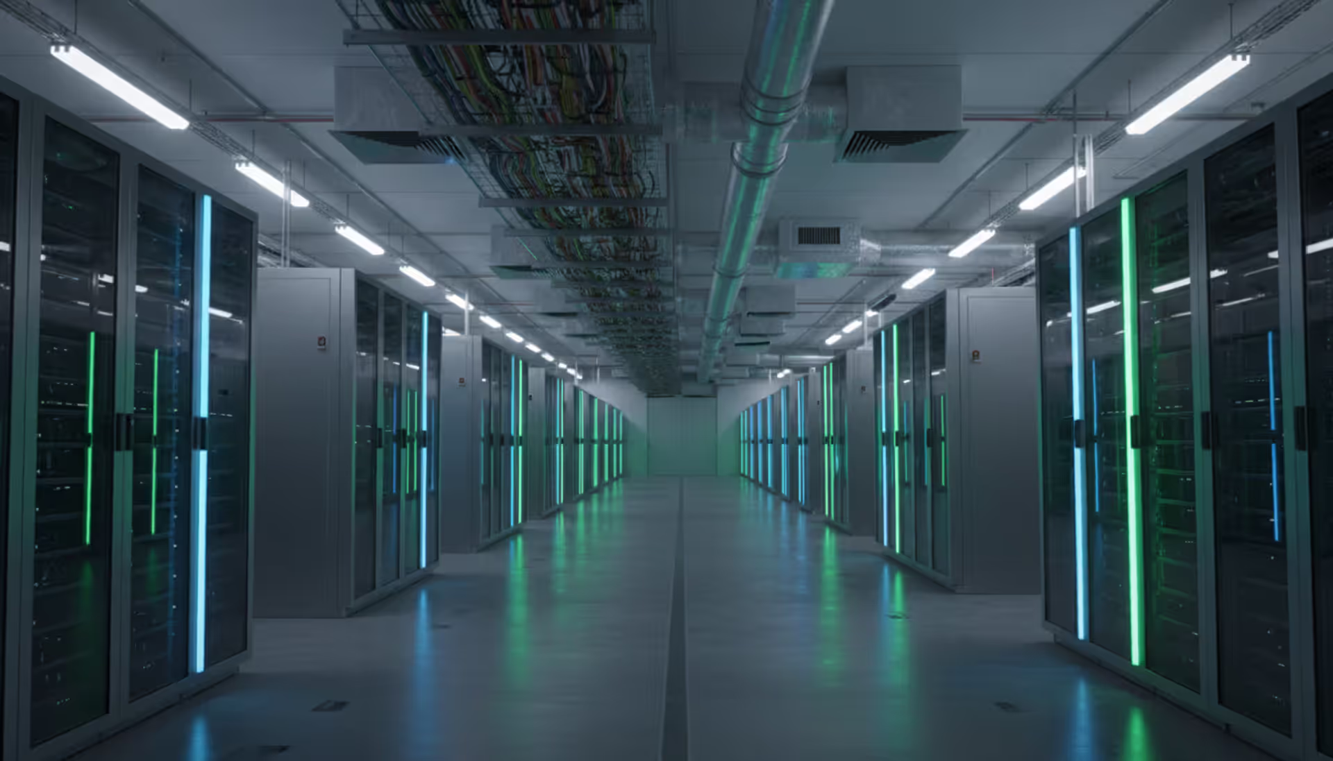 Modern data center hall with rows of illuminated server racks, overhead cable trays, and cooling infrastructure in a clean spacious facility