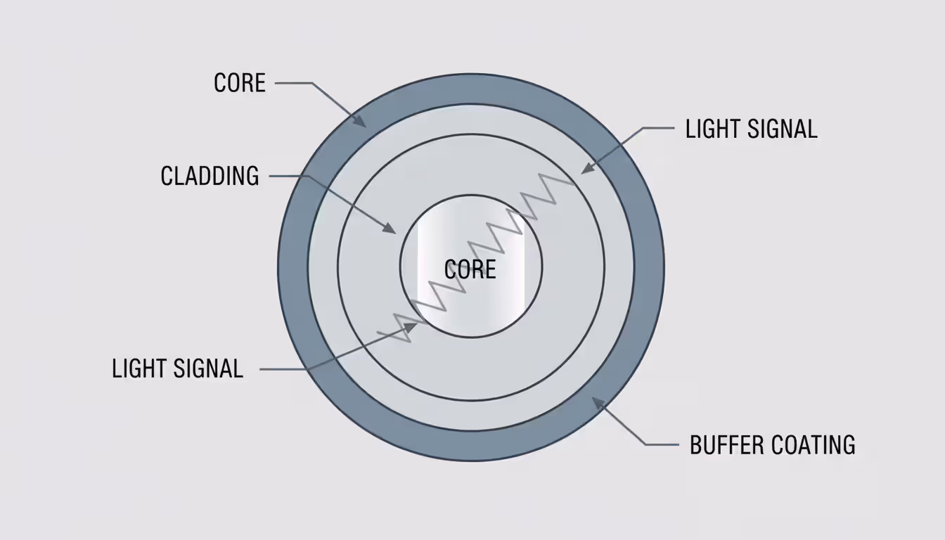 Cross-section diagram of a fiber optic cable showing core, cladding, and buffer coating layers with light ray bouncing inside the core demonstrating total internal reflection