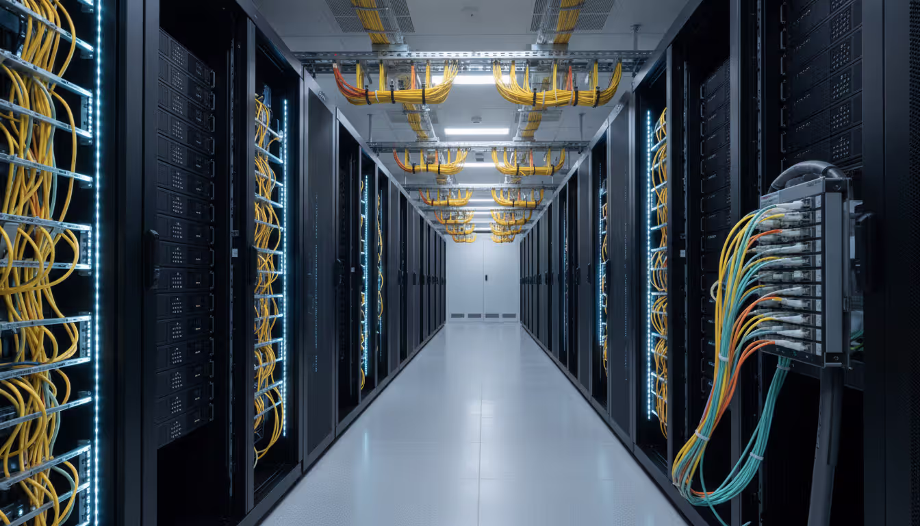 Modern data center server room with rows of racks connected by yellow and orange fiber optic cables in overhead cable trays with blue LED lighting