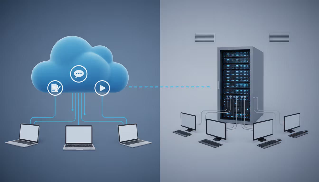 Split composition showing cloud services with icons on one side and an on-premises server rack on the other, connected by a line representing hybrid intranet infrastructure