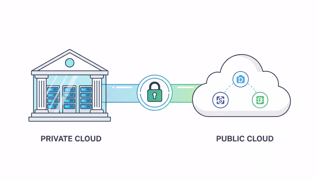Infographic showing a bank building with private servers connected through an encrypted tunnel to a public cloud platform, illustrating hybrid cloud integration