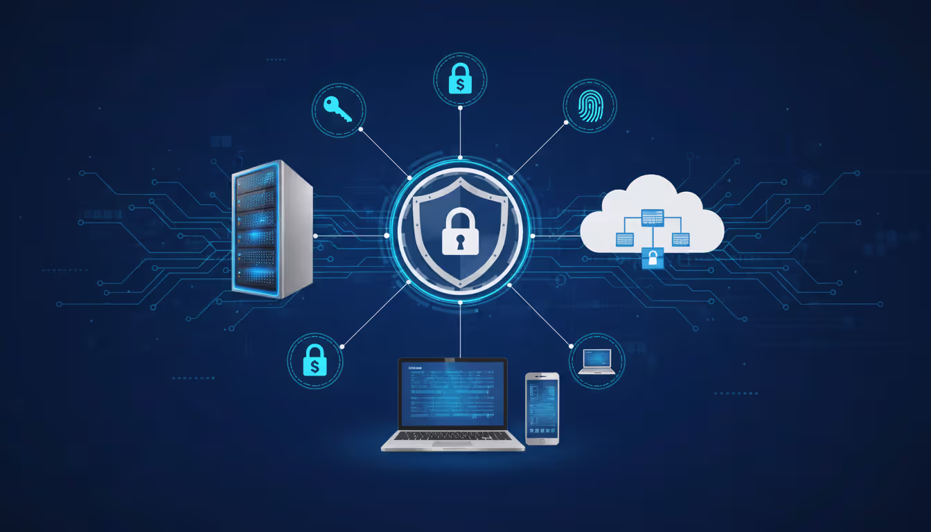 Cybersecurity concept showing a shield with lock icon surrounded by hybrid infrastructure elements like servers, cloud, laptop, and mobile device connected with encryption symbols