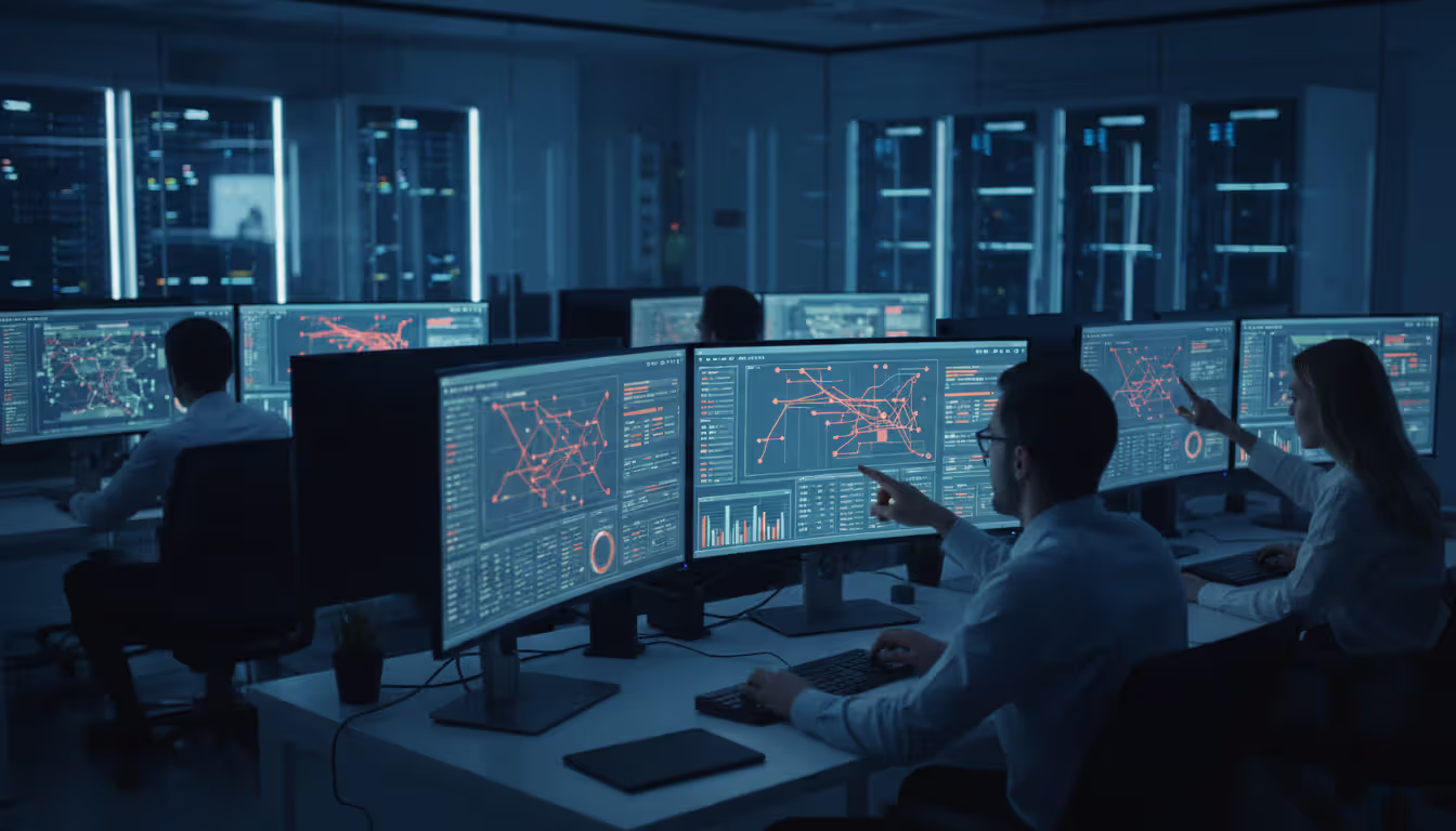 IT team working in a modern network operations center with performance dashboards and monitoring screens showing hybrid cloud infrastructure metrics