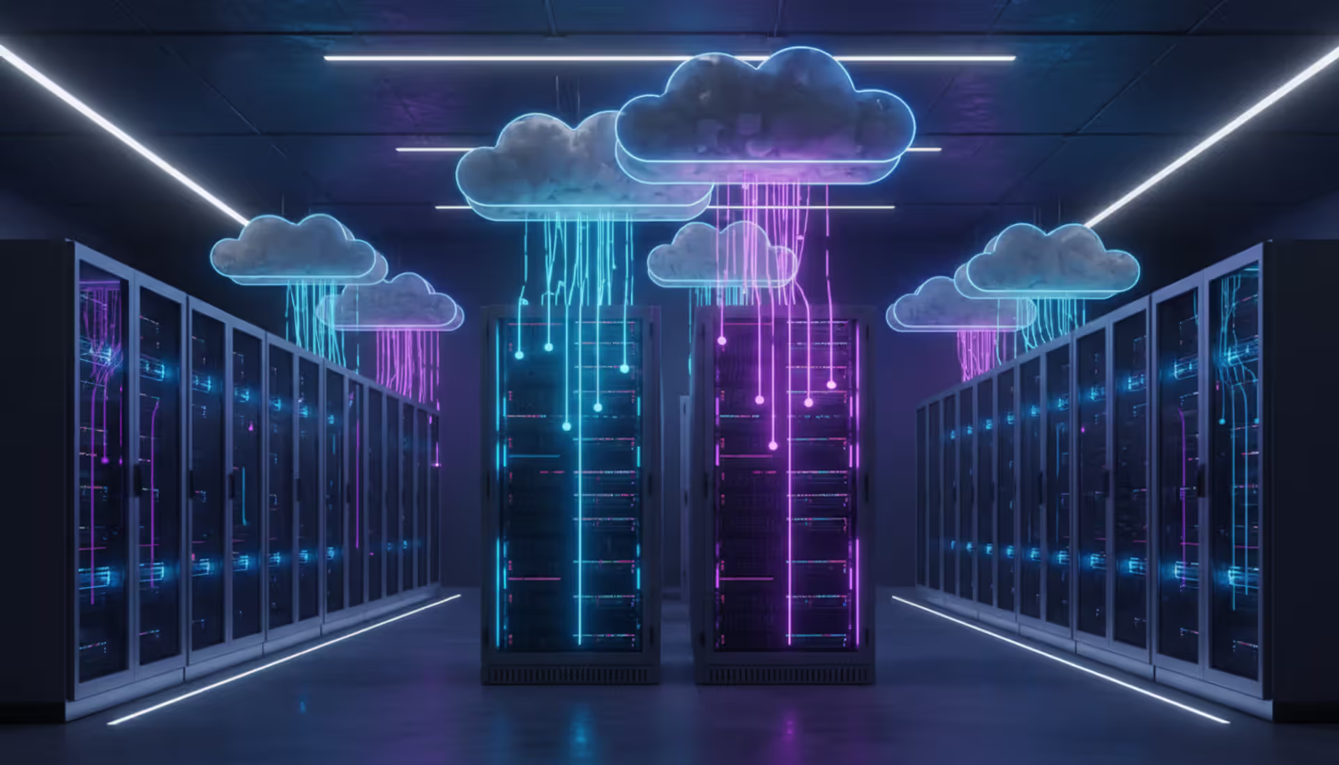 Modern data center server racks connected by glowing neon lines to stylized cloud symbols above, representing hybrid cloud infrastructure