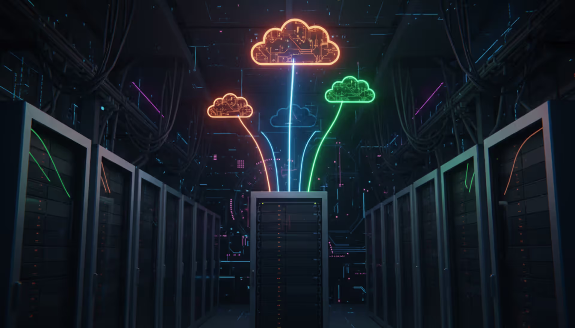 Modern data center with server racks connected by three colored glowing lines leading to three different cloud icons symbolizing multi cloud architecture
