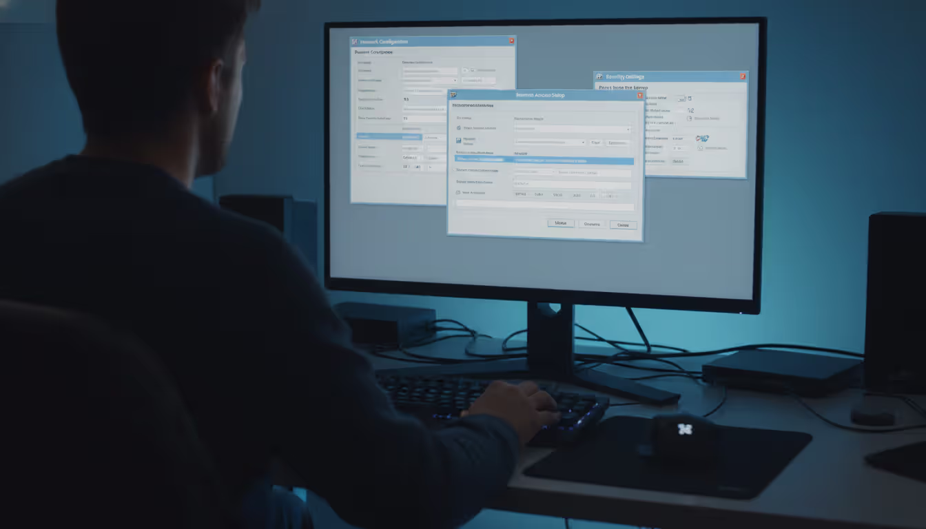 User setting up remote access on computer, security and network settings visible