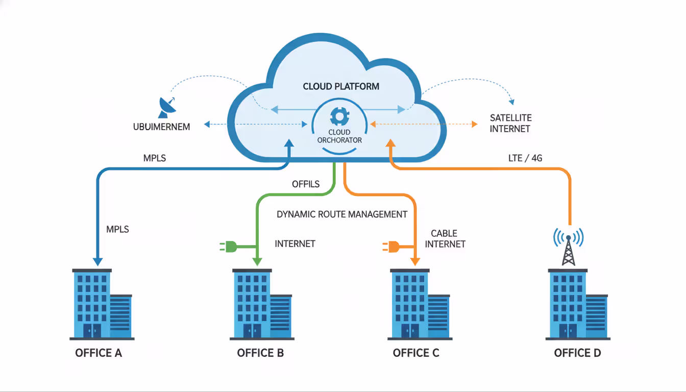Diagram of several offices using different internet connections (MPLS, cable, satellite, LTE) managed by a centralized cloud orchestrator, no Russian text