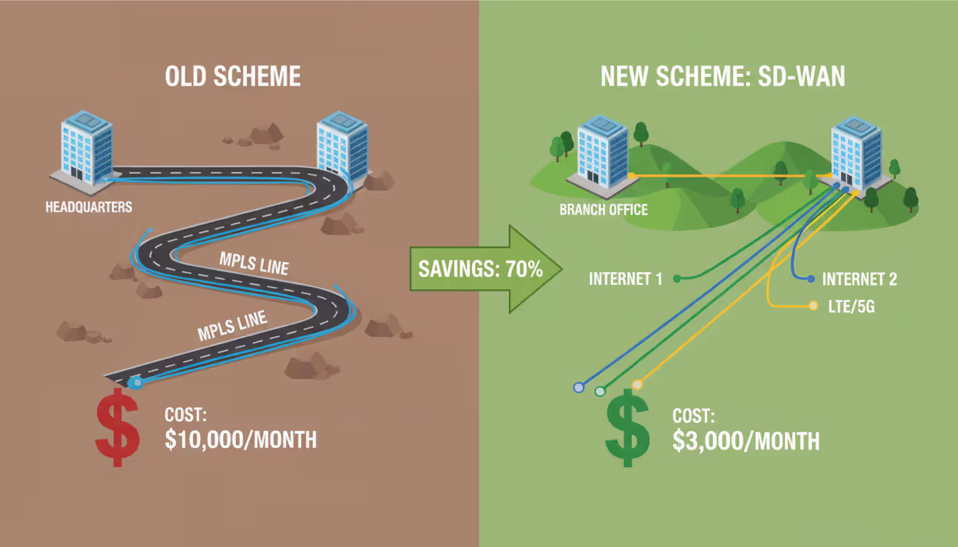 Comparison chart: old network with single expensive MPLS line vs SD-WAN with multiple cheaper connections, highlighting cost savings, no Russian text