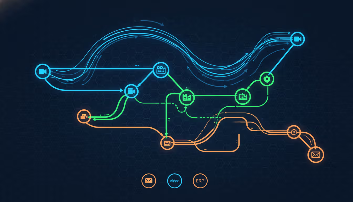 Infographic showing different application traffic (video, ERP, email) routed dynamically via distinct paths across network nodes, no Russian text