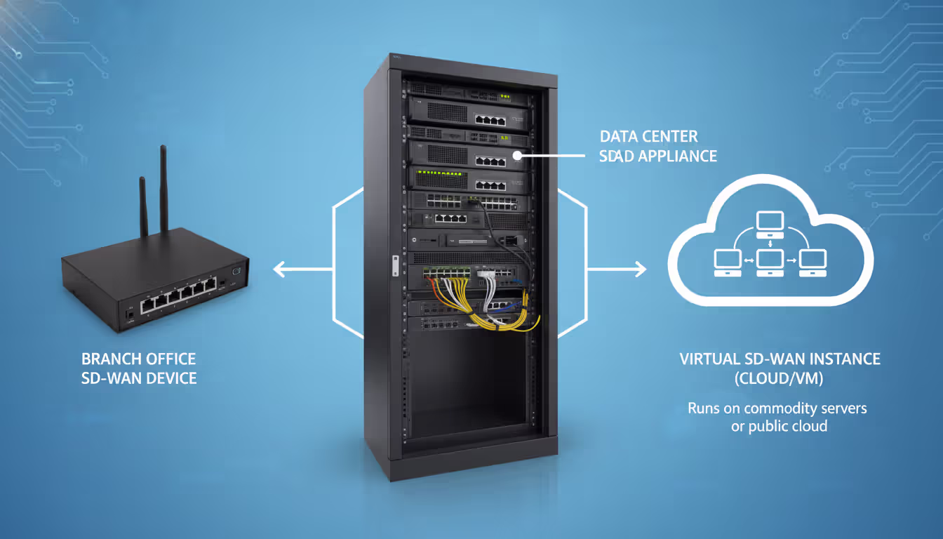 Photo or diagram of SD-WAN devices: small branch box, rack-mounted data center unit, virtual server, on English only, no Russian text