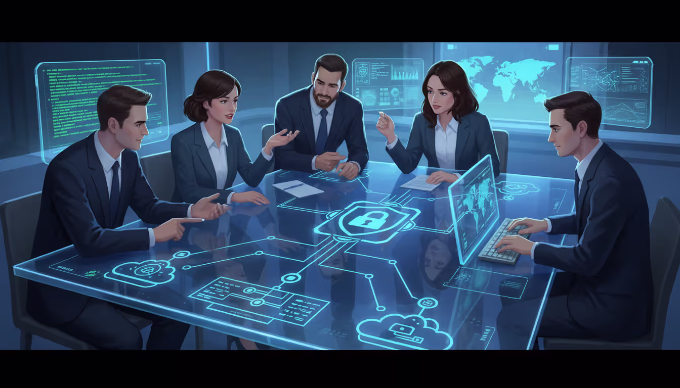 IT team discussing security issues during cloud migration; encryption, cloud dashboard elements