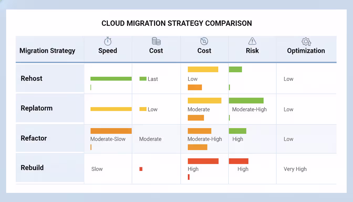 Comparison chart: four migration strategies, columns for speed, cost, risk, and optimization