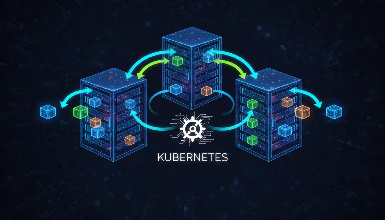 Kubernetes container orchestration visualization showing server cluster nodes with containers being automatically balanced and distributed across nodes with a stylized helm wheel logo in the center