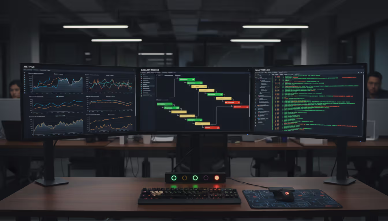 DevOps engineer workspace with multiple monitors displaying real-time observability dashboards showing metrics graphs request traces and log streams with green yellow and red service status indicators in a modern dimly lit office