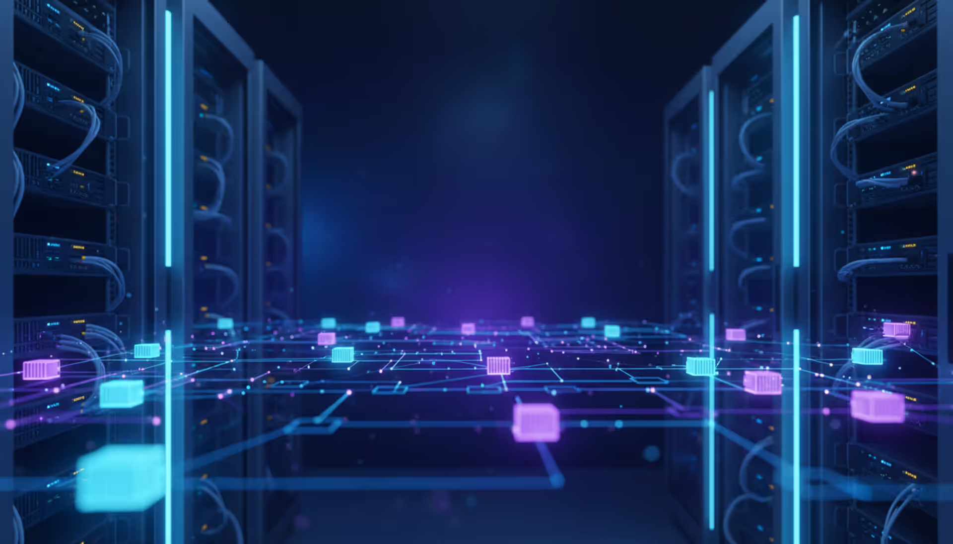 Futuristic server room with blue neon lighting and abstract network visualization of interconnected glowing nodes representing cloud-native microservices architecture