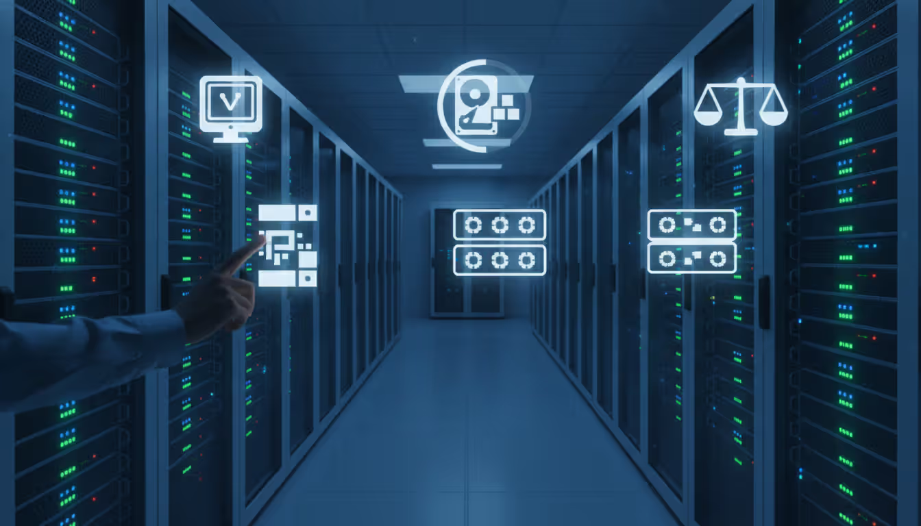 Modern data center corridor with server racks and holographic icons of virtual machines storage and network resources floating above with engineer hand reaching toward them