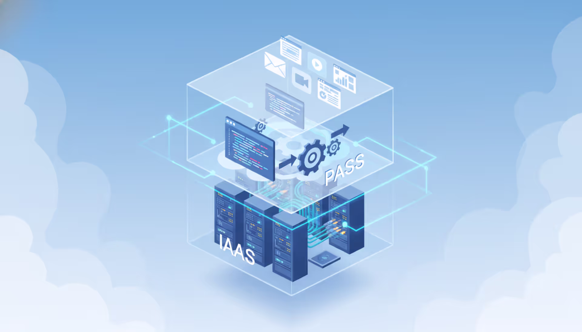 Three transparent layered blocks representing IaaS PaaS and SaaS cloud service models with server hardware code window and application icons connected by glowing lines against blue sky background