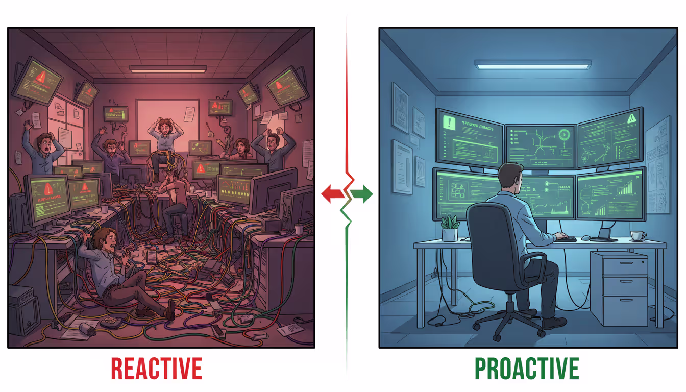 Split comparison image showing chaotic reactive IT environment with red alerts on the left versus calm proactive network management with green status indicators on the right