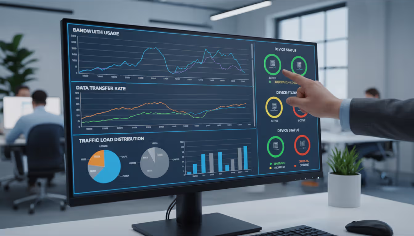 Network monitoring dashboard on a widescreen monitor showing bandwidth graphs, traffic analysis charts, and device status indicators with an IT engineer pointing at the screen
