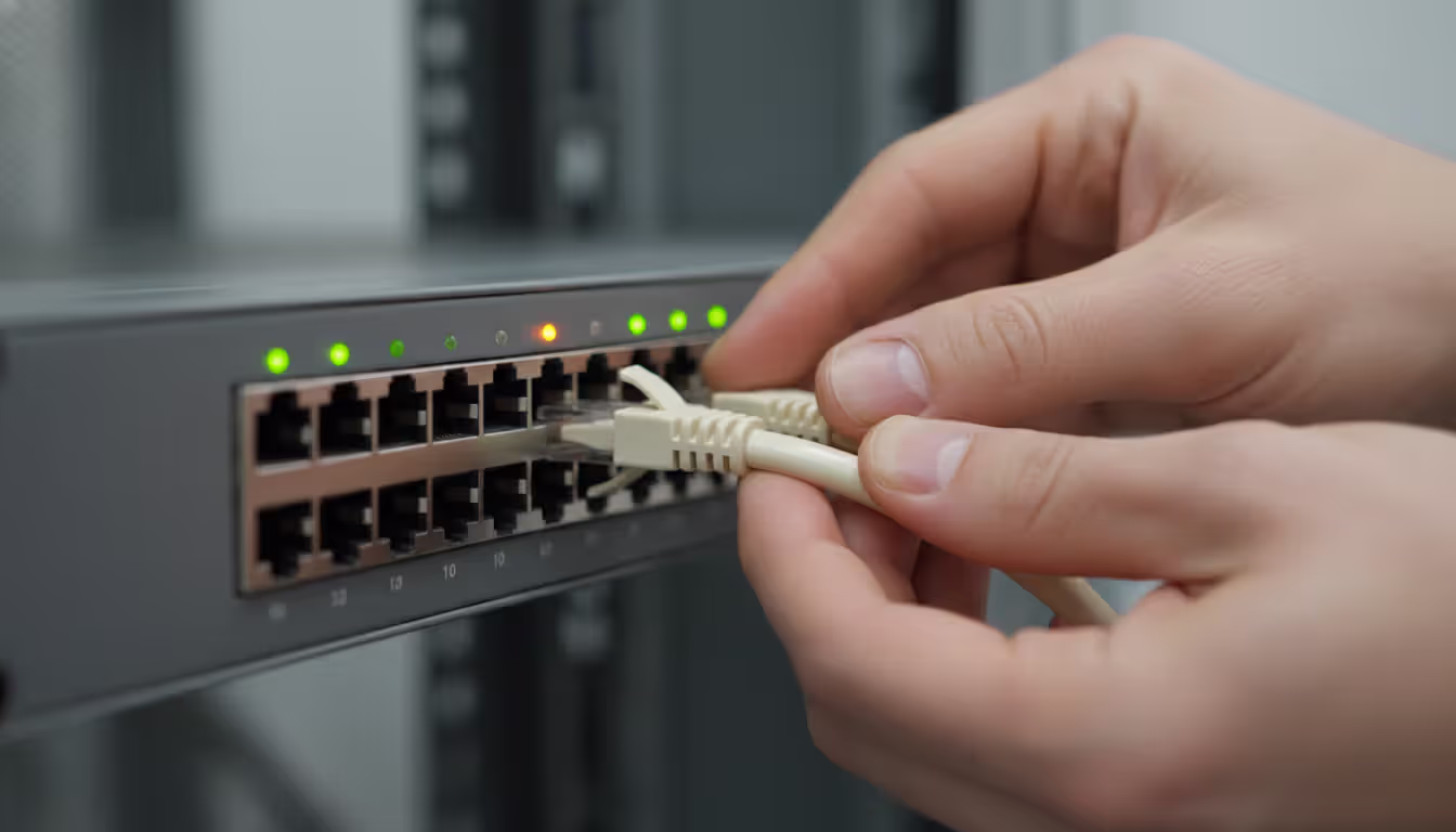 Close-up of IT technician hands plugging an Ethernet cable into a network switch port with green and orange LED indicators glowing