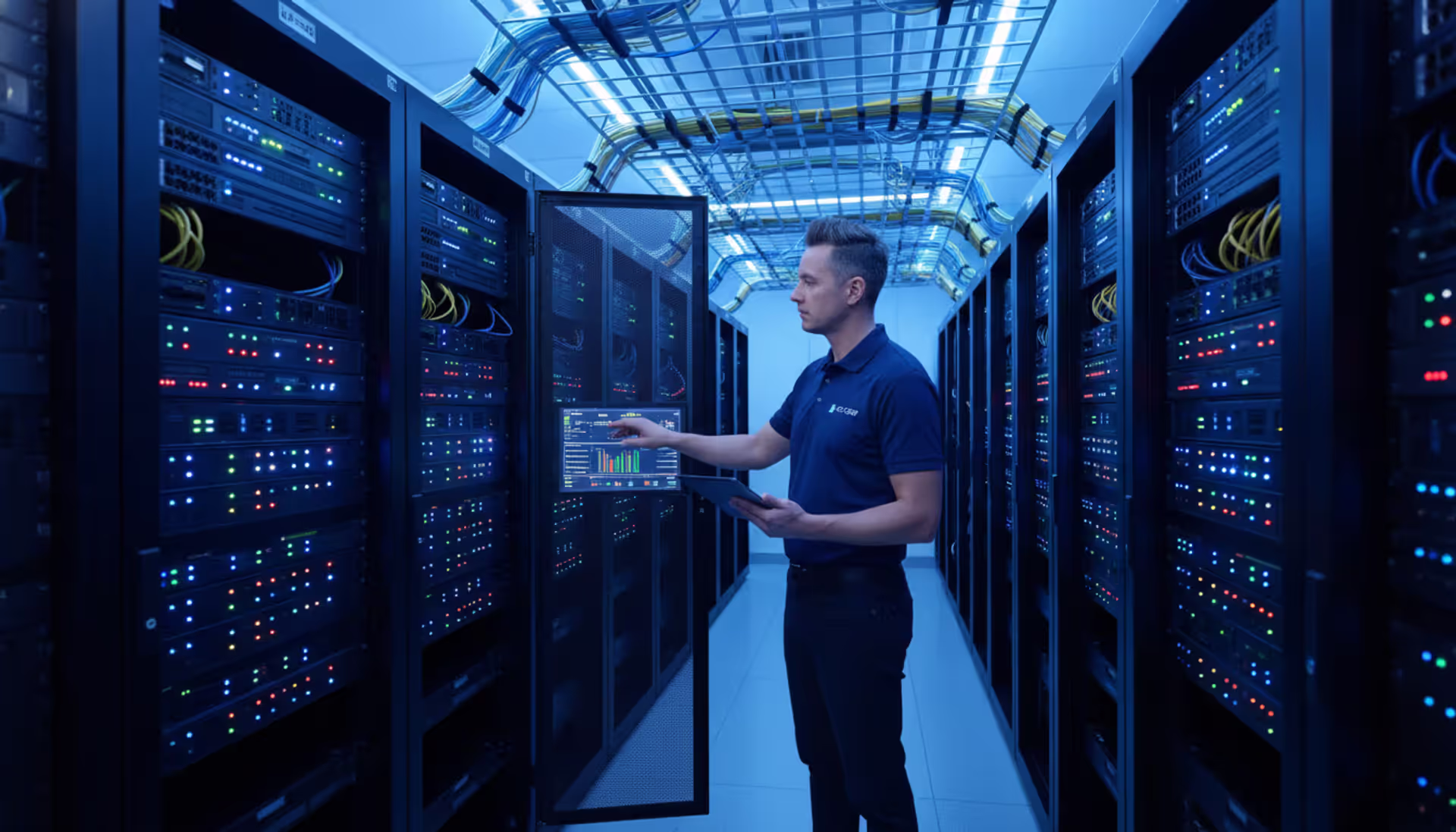 IT specialist inspecting server rack equipment in a modern data center with blue LED lighting and neatly organized network cables