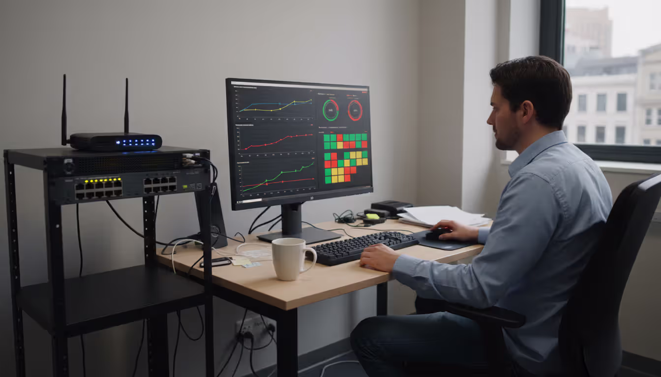 IT professional in a small office viewing network monitoring dashboard on computer screen with a small server rack nearby containing switch and router