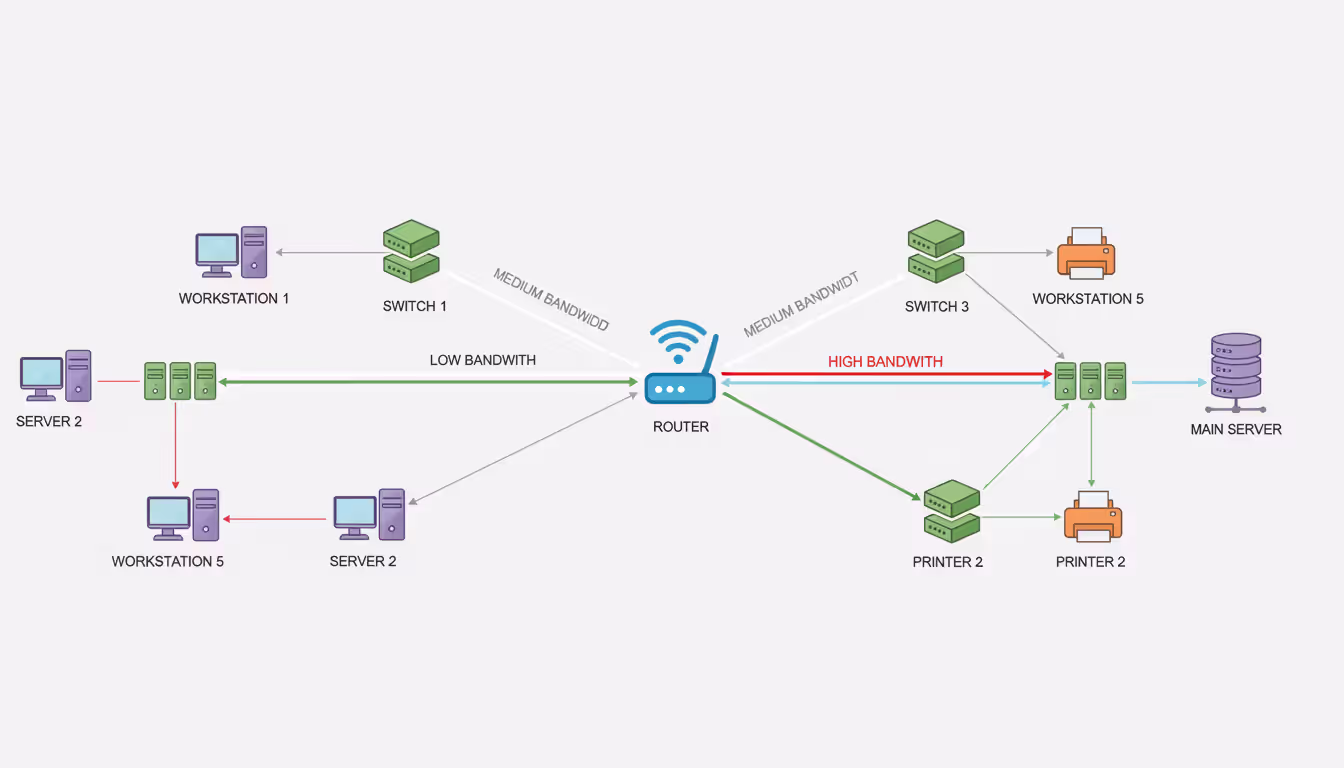 Network topology diagram showing a router connected to switches, servers, workstations and printers with connection lines of varying thickness indicating bandwidth