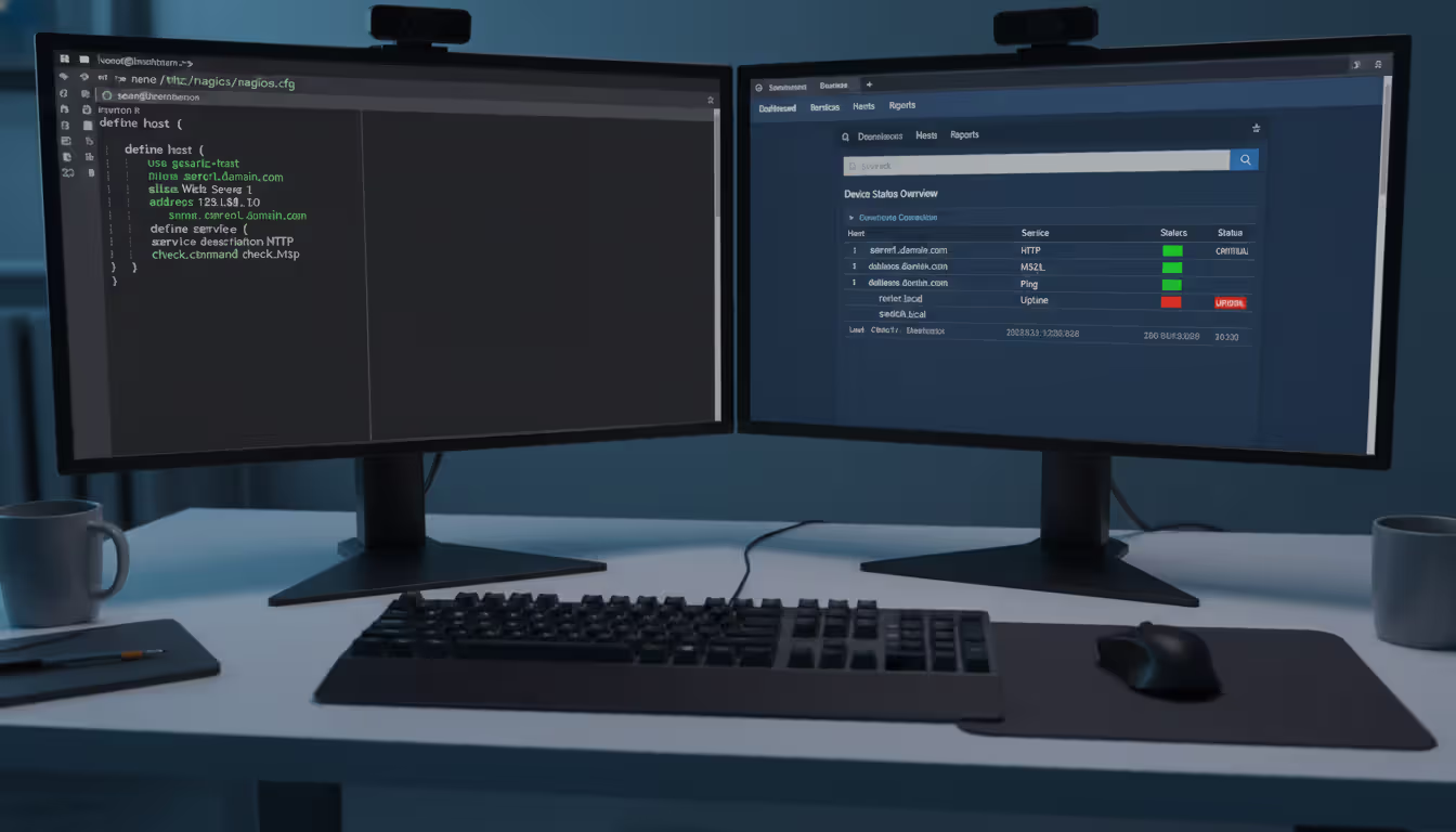 Linux terminal with monitoring configuration file open in text editor alongside a web browser showing device status dashboard with green and red indicators