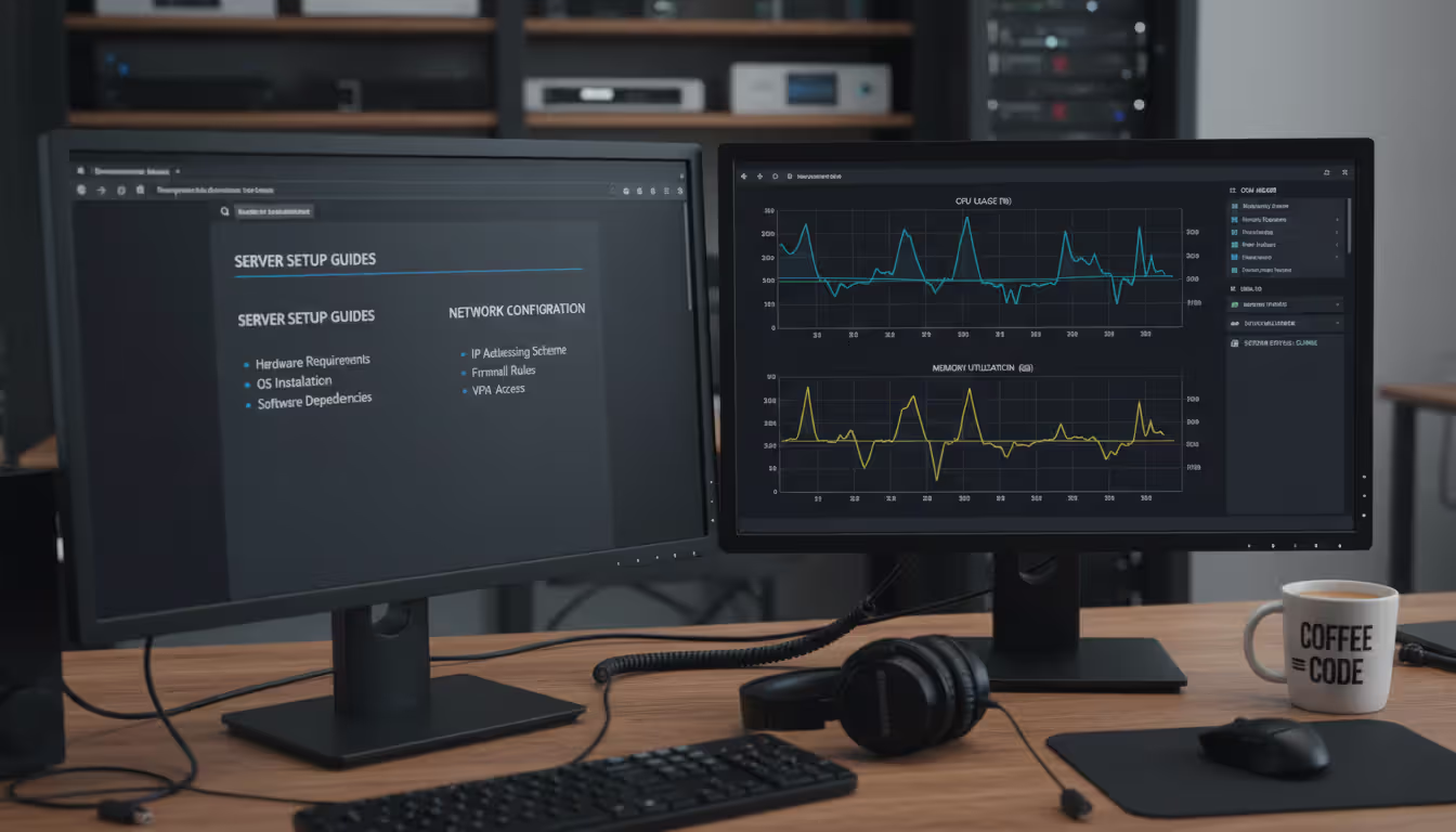 IT administrator desk with two monitors showing wiki documentation page and monitoring dashboard with CPU and memory usage graphs, headphones and coffee mug on desk