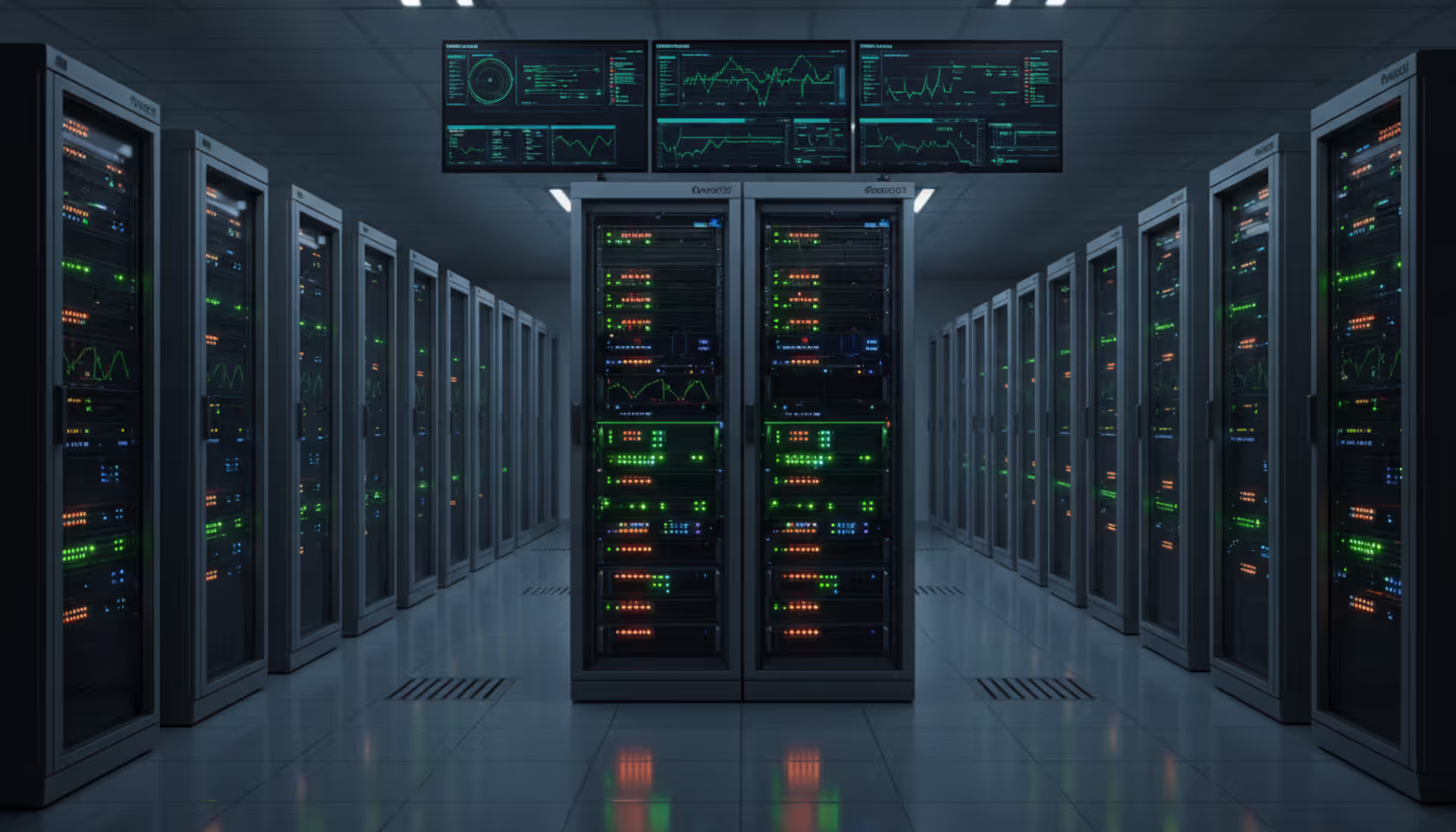 Server room with network racks displaying monitoring dashboards with green and blue performance graphs on screens, LED indicators glowing on equipment
