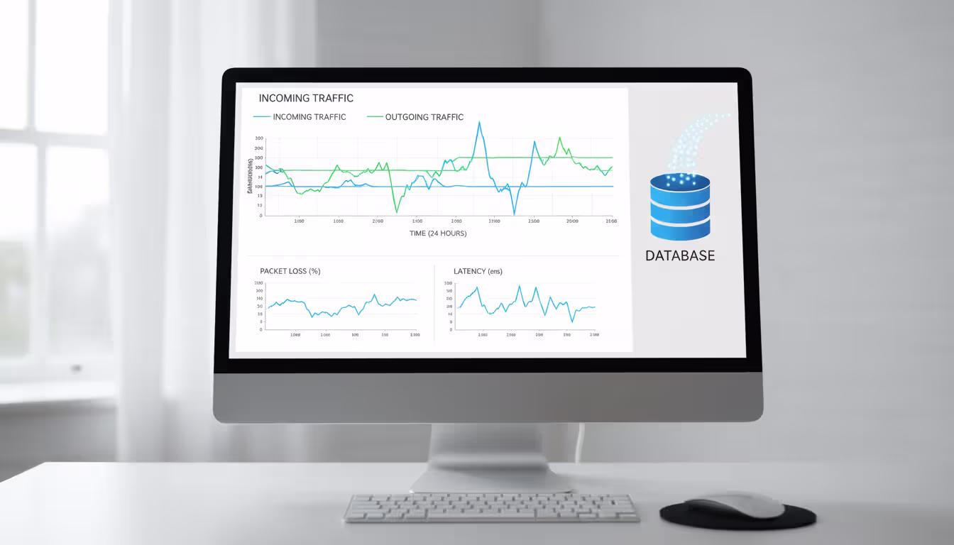 Monitor screen displaying time-series network traffic graph with inbound and outbound data lines over 24 hours next to a database storage icon receiving data points
