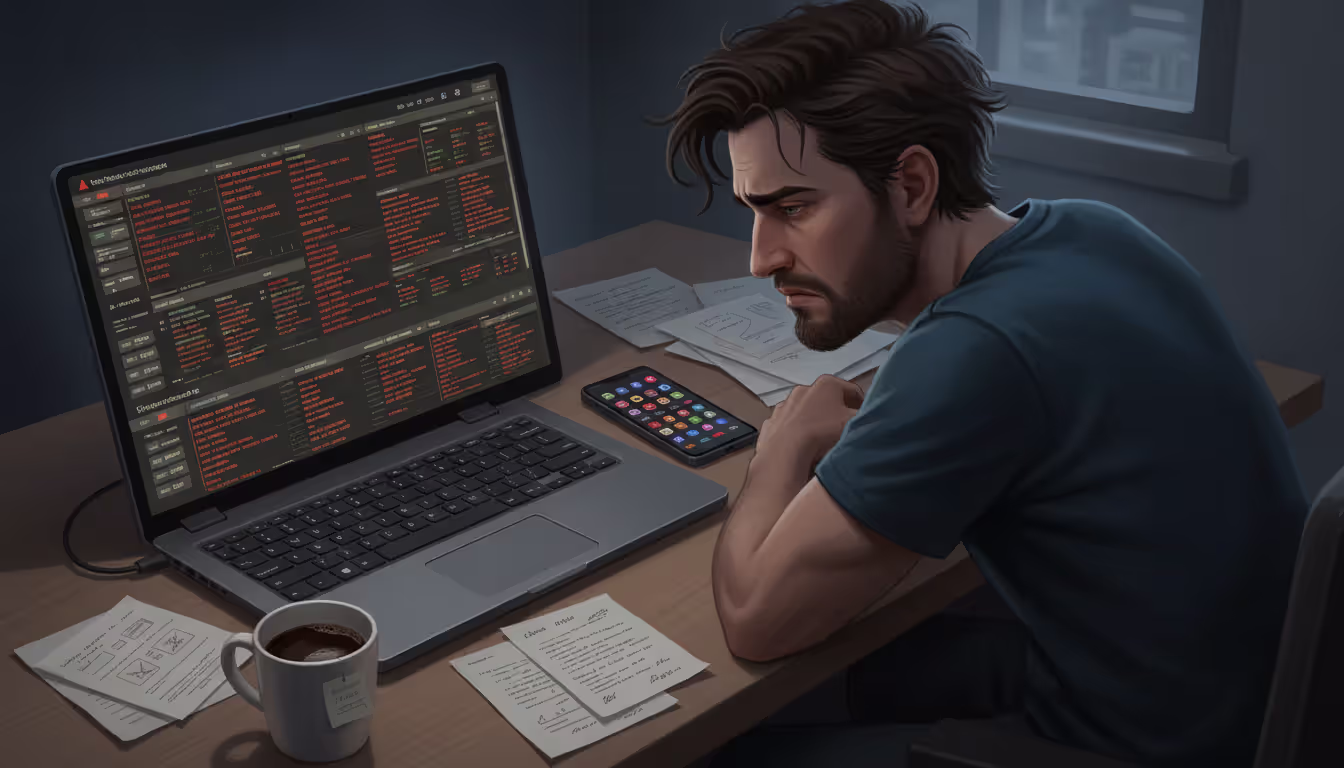 Overwhelmed network engineer at desk looking at laptop screen flooded with red and orange monitoring alerts alongside a smartphone showing numerous unread notifications