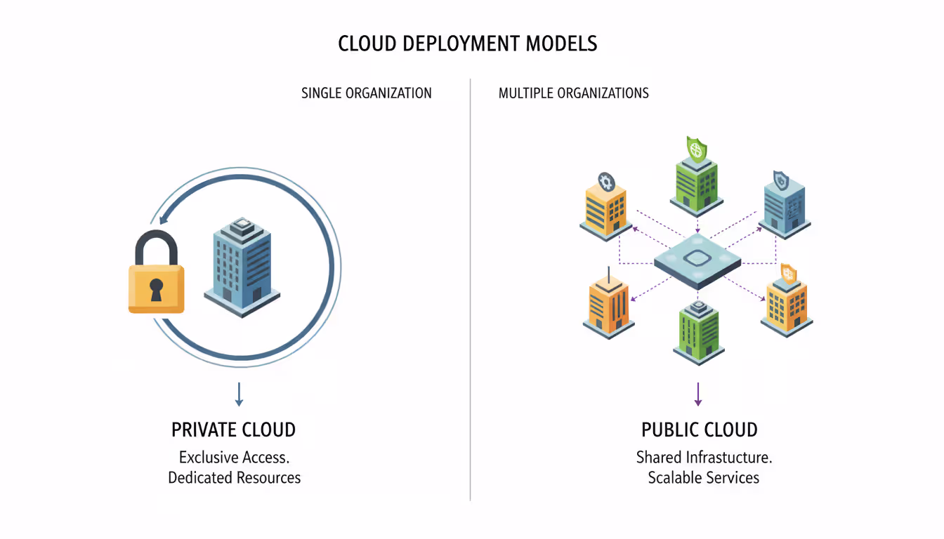 Infographic diagram comparing private cloud with single-tenant isolation and public cloud with multi-tenant shared infrastructure