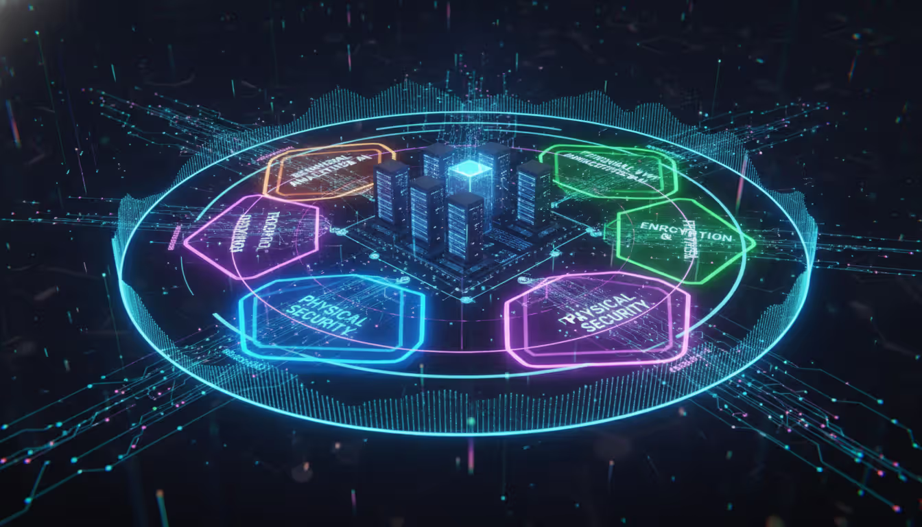 Multi-layered network security visualization with transparent shields protecting servers and data flows on dark background