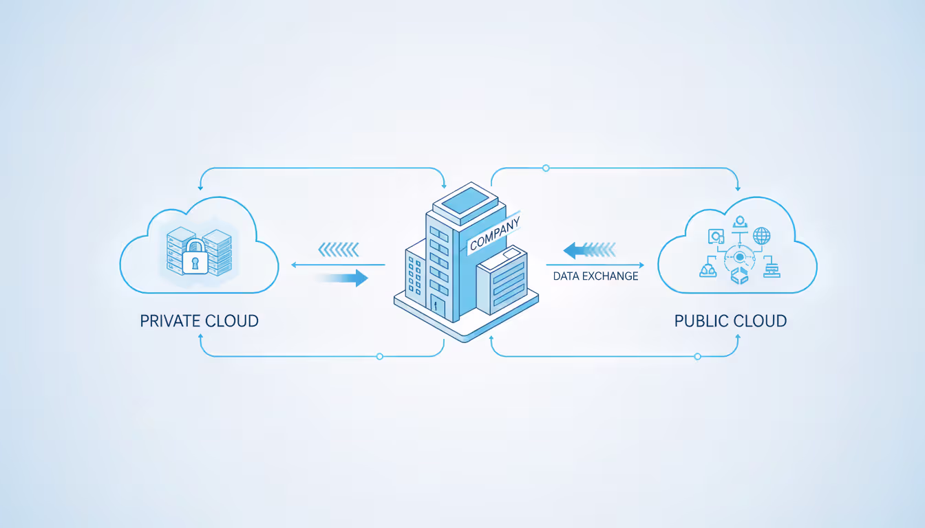 Hybrid cloud architecture diagram showing company building connected to private cloud with lock icon and public cloud with scalability symbols
