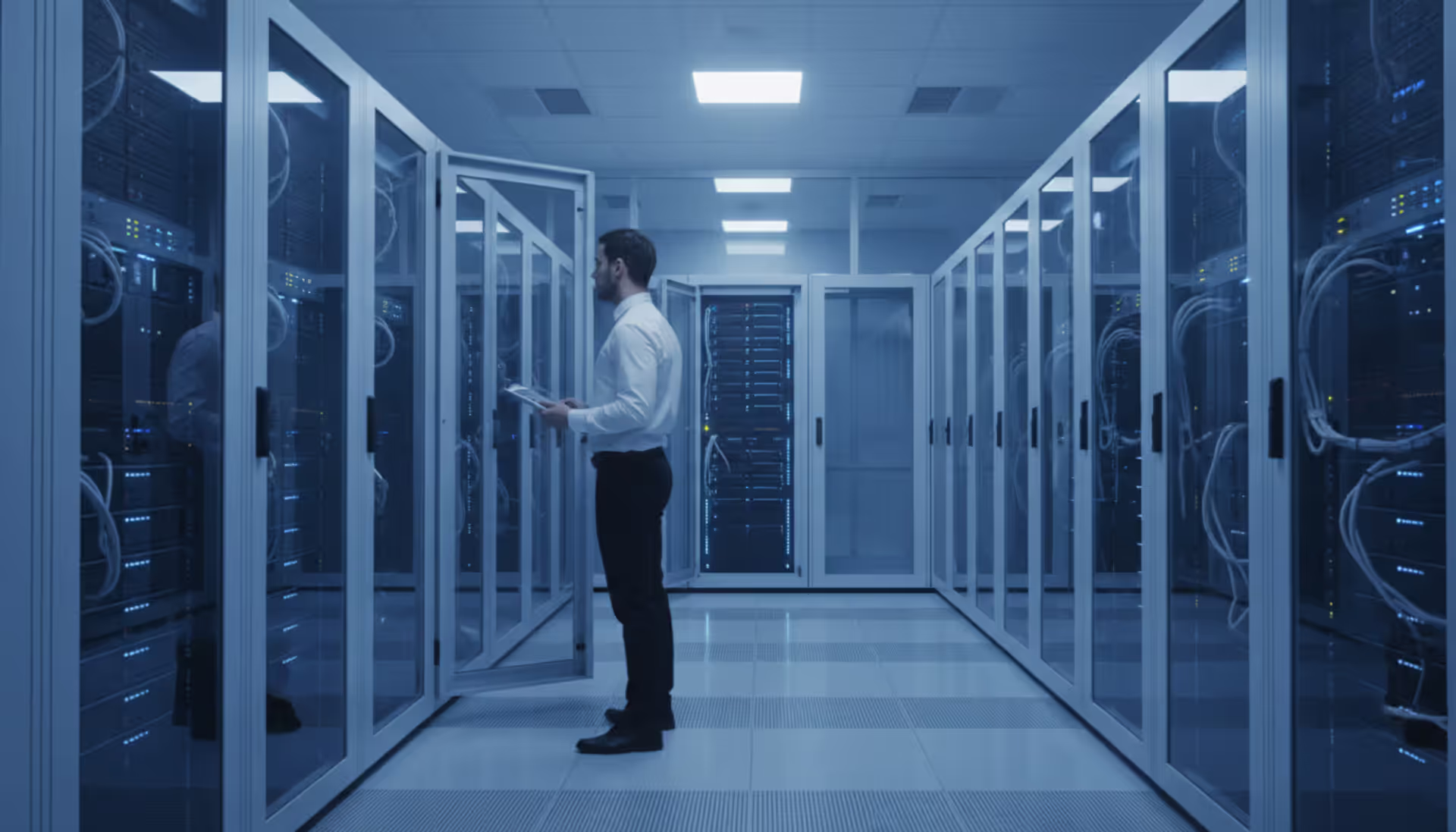 Corporate data center with rows of server racks illuminated by blue light and an IT engineer standing in front of an open rack