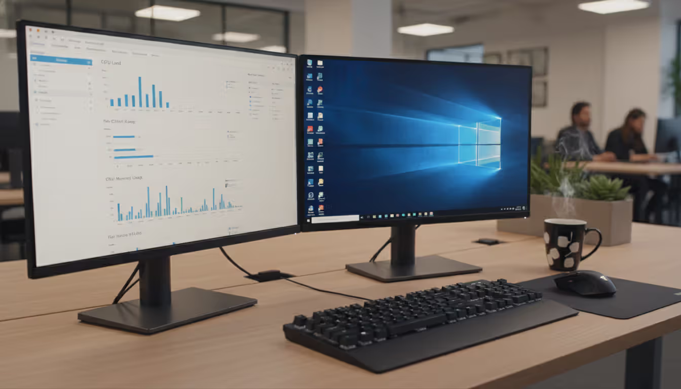 IT administrator workspace with dual monitors showing cloud hosting control panel with CPU and RAM usage graphs and a remote desktop window