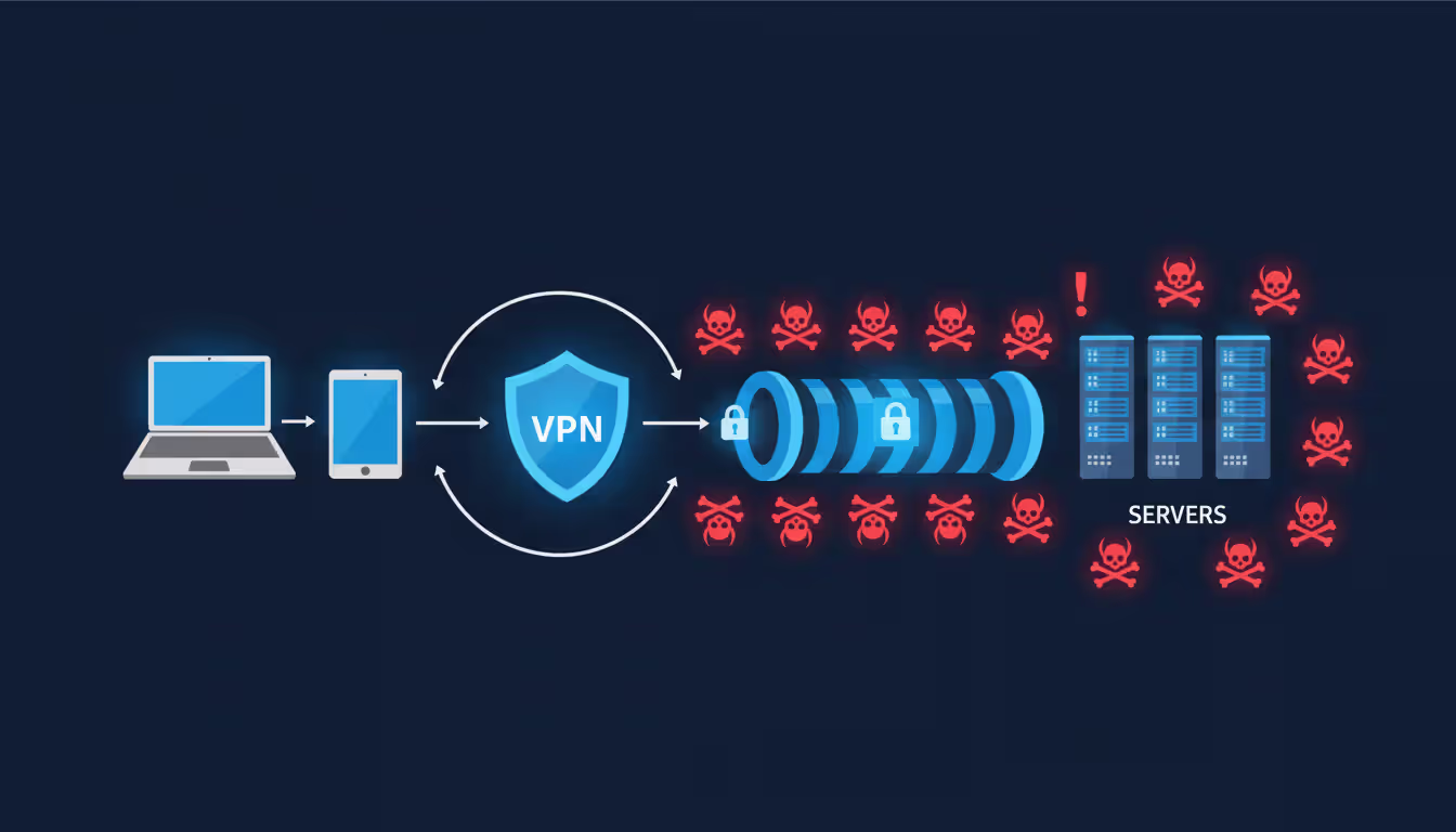 Network security diagram showing devices connecting through VPN encrypted tunnel to protected servers with threat icons blocked outside