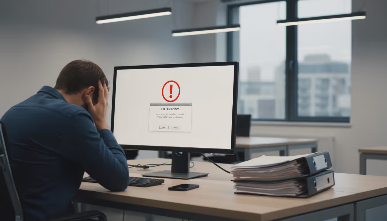 Frustrated office worker looking at computer screen displaying error warning message in corporate environment